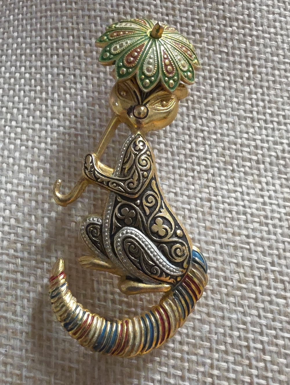 Vintage Damascene Cat Holding Umbrella Brooch - Stamped Spain